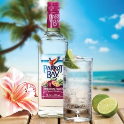 photographic image of a bottle of Parrot Bay Drink and prepared Glass