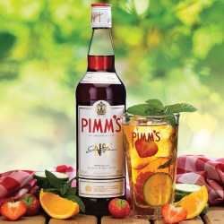 Commercial Advertising image Pimms No 1 and a glass of prepared Pimms with Ice, Cucumber and mint,
