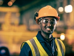 a Worker at Liberty Steel Newport with yellow hard hat and bib