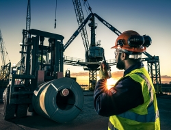 action on jetty with forklift truck and steel coil at Liberty Steel Newport