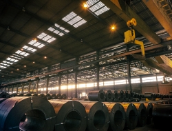 Warehouse with rows of steel coils at Liberty Steel Newport