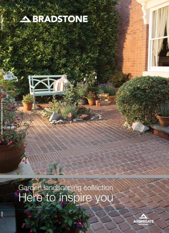 Bradstone, Aggregate Industries 2012 brochure front cover, showing setting low sun over lovely small cobbles and bench
