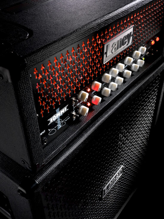 Laney special Tony Iommi speaker and amplifier with a dramatic red glow from valves, photography for Headstock and Laney