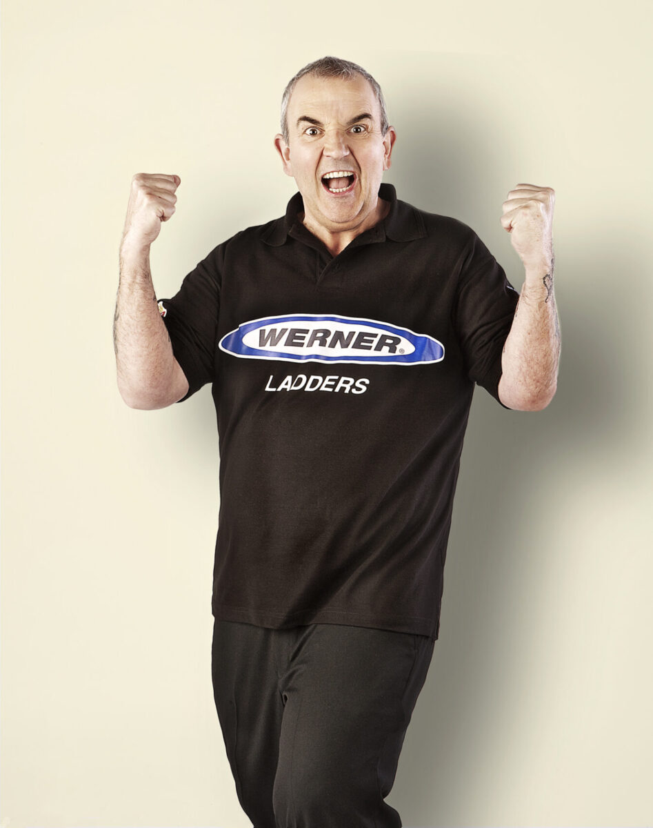 Phil Taylor, better known as Phil 'The Power" darts player, publicity shot for Werner ladders