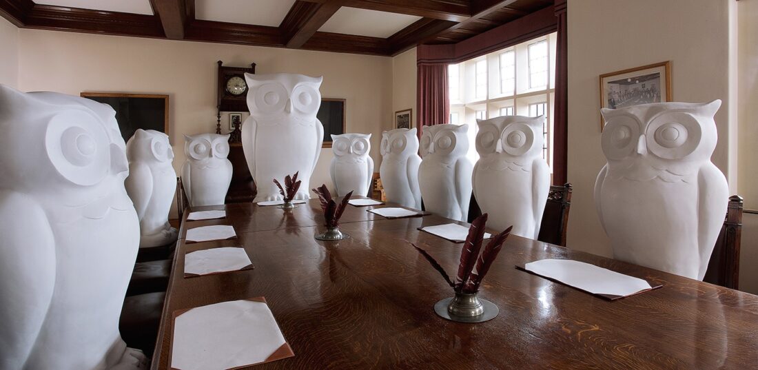 Owls ready for painting as part of the big Hoot, at King Edwards foundation boardroom Birmingham