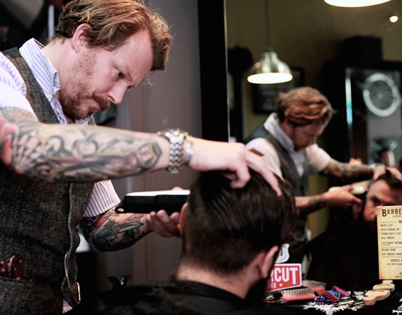 Cutting Hair at Barberton Worcester Salon, Behind-the-sceens image from photographic shoot for Laney Music