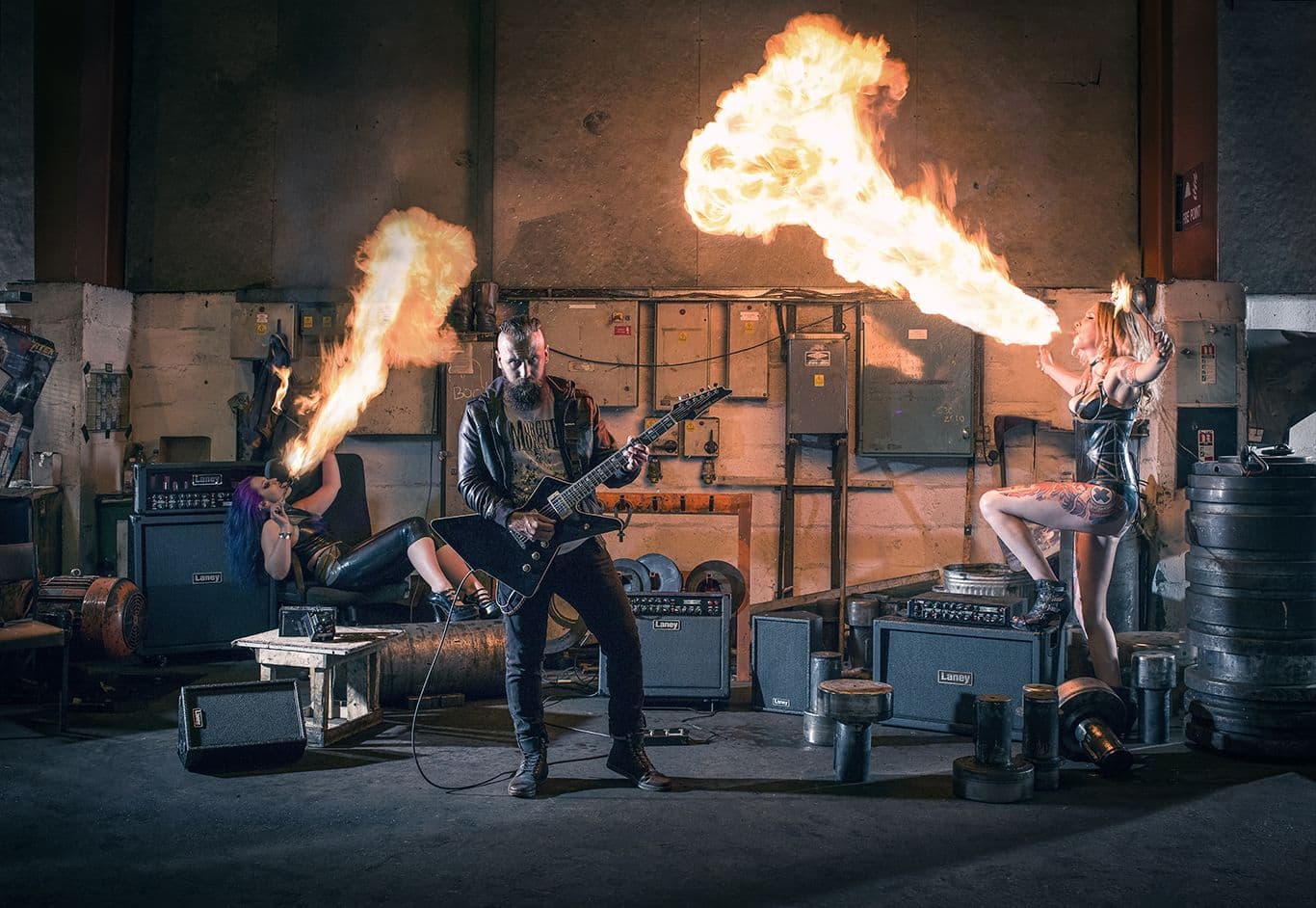 Photography for Laney music showing products in Industrial factory Angle Ring Tipton with Fire performers