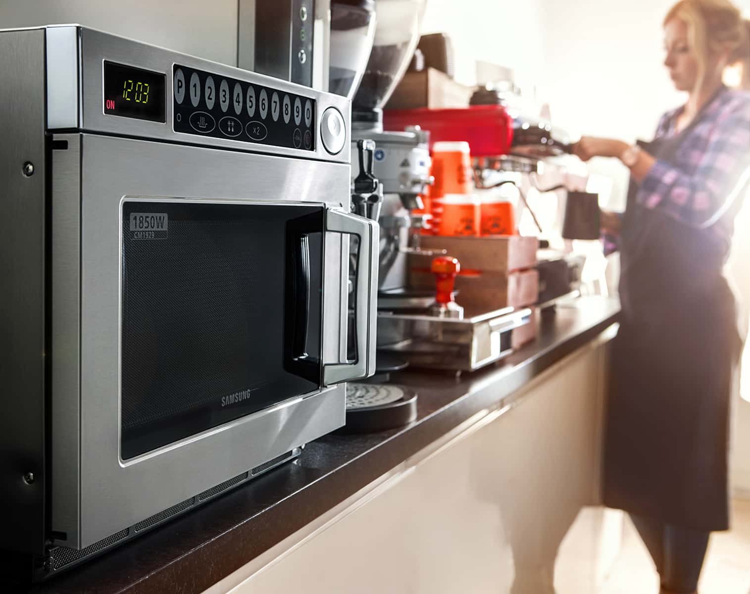 Samsung commercial microwave in kitchen environment