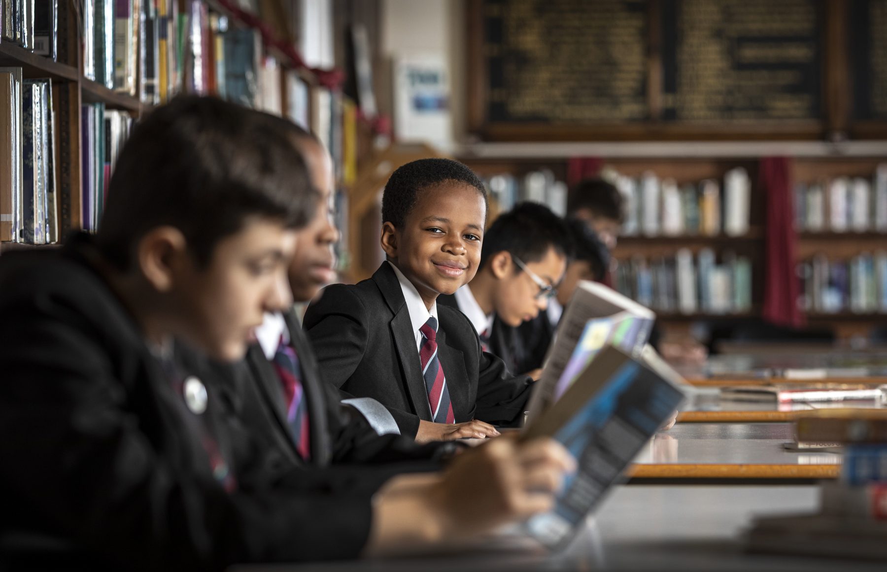 Line of Pupils in Library at King Edwards VI School Aston, Birmingham, prospectus photography by Ross Vincent